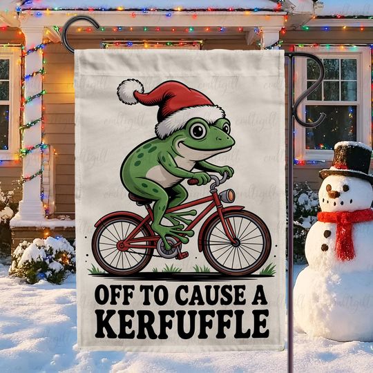 Off To Cause A Kerfuffle Frog Flag, Mental Health Frog Santa Hat Flag, Funny Weirdcore Meme Yard Decor, Christmas Whimsical Adventure Flag