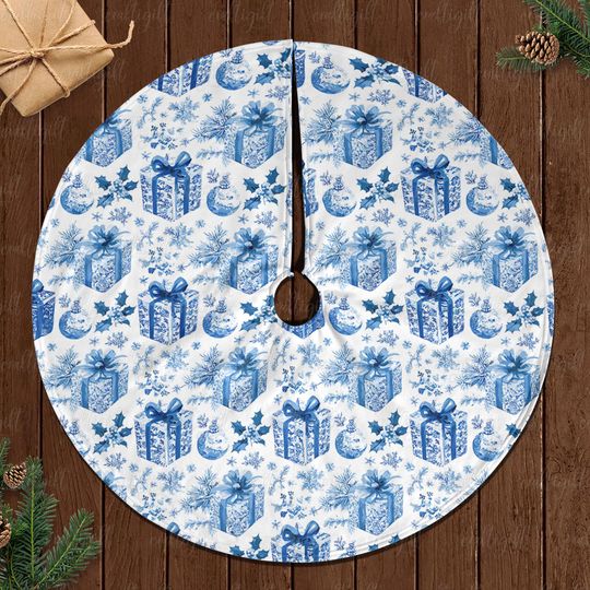 Blue Gift Box Holiday Tree Skirt, Snowflake And Gift Tree Skirt, Winter Wonderland Blue Tree Skirt, Christmas Tree Skirt Home Decor, MYJ875