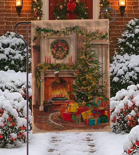 Vintage Christmas Home Garden Flag, Golden Tree Holiday Scene Flag, Merry & Bright Christmas Flag, Cozy Fireplace Holiday Scene Flag, MYK124