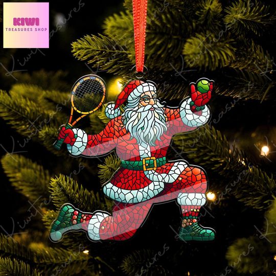 Santa Playing Tennis Ornament, Acrylic Flat Christmas Decoration