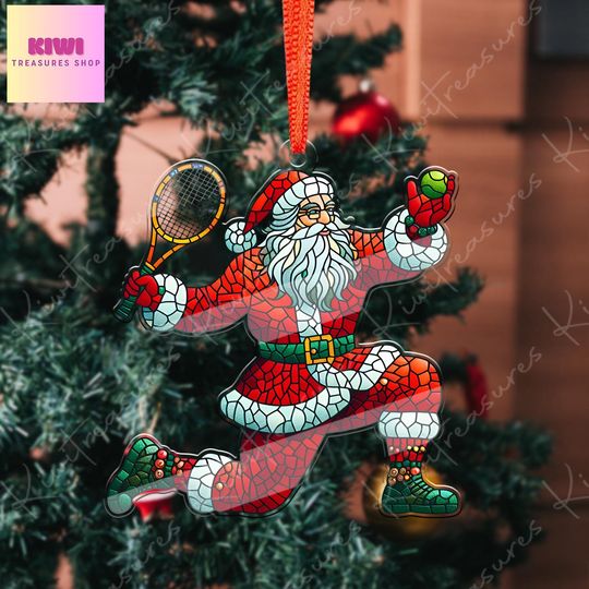Santa Playing Tennis Ornament, Acrylic Flat Christmas Decoration