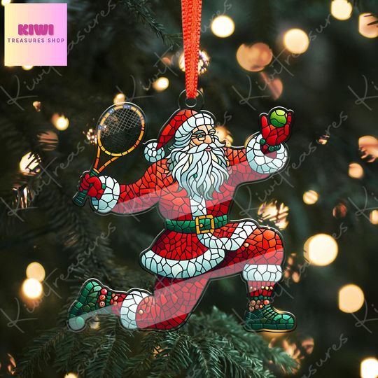 Santa Playing Tennis Ornament, Acrylic Flat Christmas Decoration