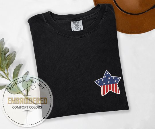 Embroidered Star Pocket Tee, USA Flag Inside Single Star Design