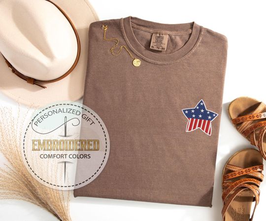 Embroidered Star Pocket Tee, USA Flag Inside Single Star Design