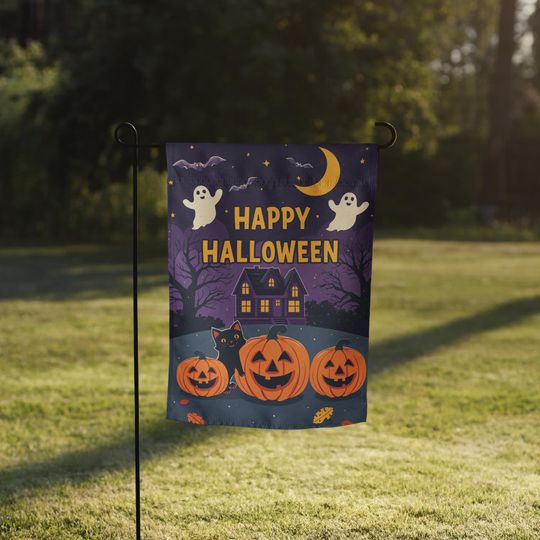 Halloween Garden Flag: Ghosts, Cat, Pumpkins - 12x17 Fall Decor