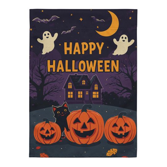 Halloween Garden Flag: Ghosts, Cat, Pumpkins - 12x17 Fall Decor