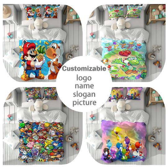 Personalized Name Super Mario Cute Three-Piece Bedding Set, Bedroom Decor, Gifts for Friends