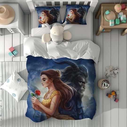Personalized Name Beauty and Beast Comfortable Three-Piece Bedding Set, Bedroom Decor, Gifts for Friends