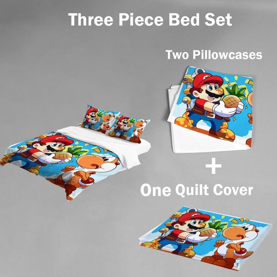 Personalized Name Super Mario Cute Three-Piece Bedding Set, Bedroom Decor, Gifts for Friends