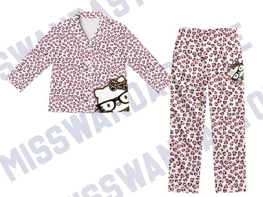 Kids Pajama Set Pink Leopard Print Cat Sleepwear