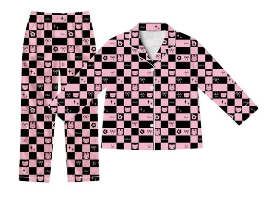 Kawaii Kids Pajama Set, Pink Black Checkered Bear Bunny PJs