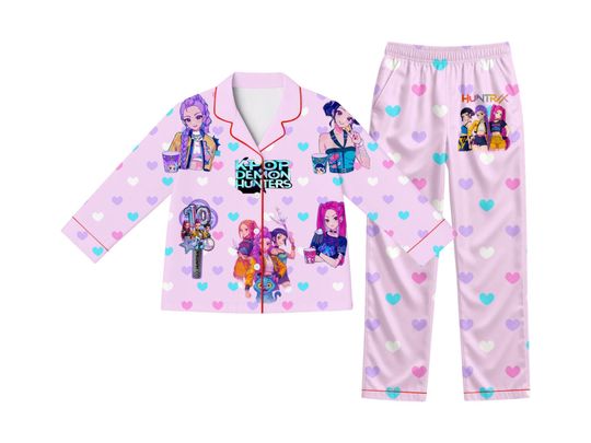 K-Pop Demon Hunter Kids Pajama Set, Cute Huntrix Anime Sleepwear, Pastel Heart Print PJs