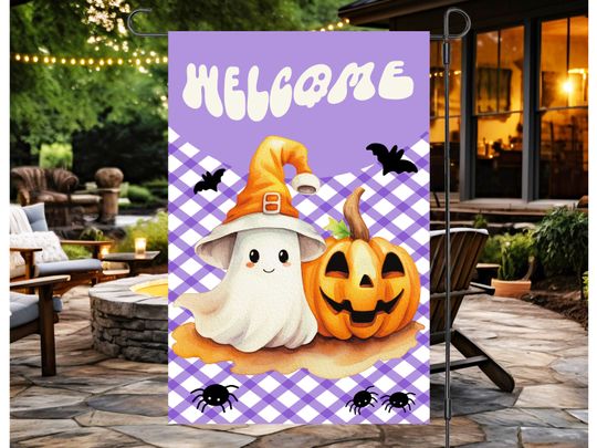 Cute Ghost Flag Sublimation Design  , Welcome Halloween