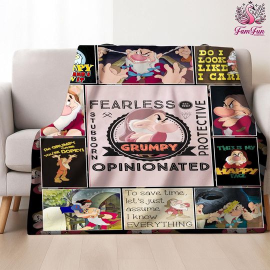 Grumpy Dwarf Blanket, Snow White and Seven Dwarfs Blanket, Disneyland Fleece Blanket