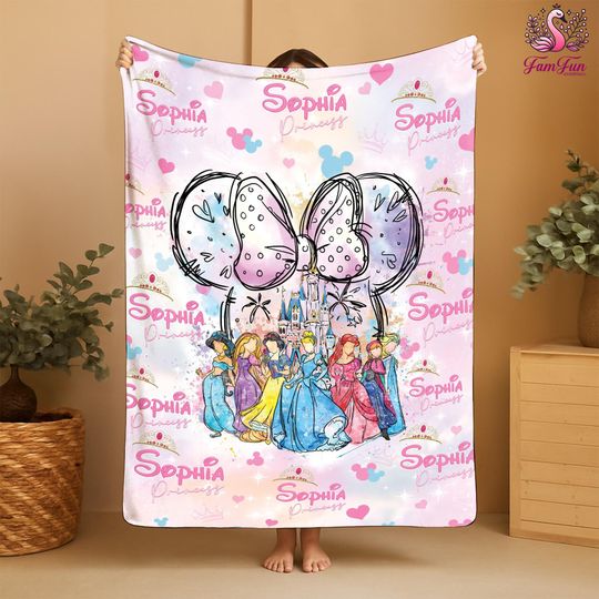 Personalized Watercolor Disneyland Princess Blanket, Castle Coquette Bows Blanket