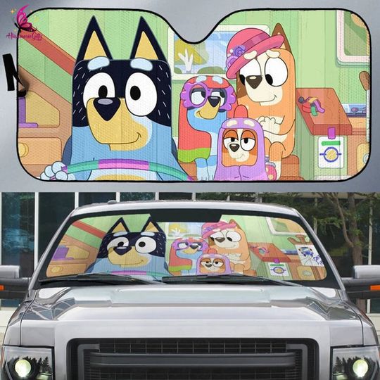 BlueyDad Family Auto Sunshade Car, Blue Dog Car Sunshade, Janet and Rita
