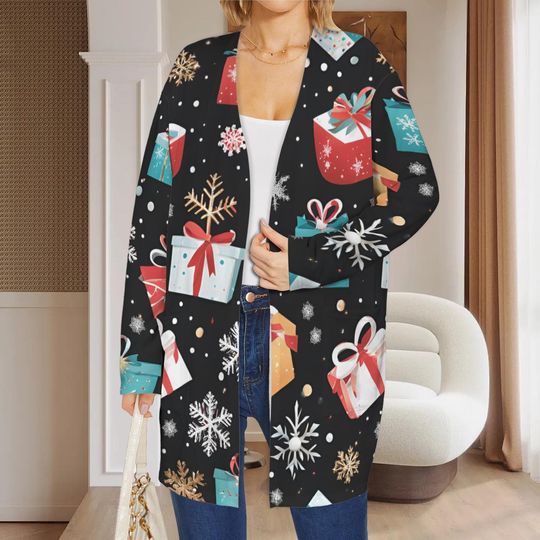 Christmas Cardigan for Her, Snowflakes Presents Design, Lightweight Winter Cardigan NO POCKET