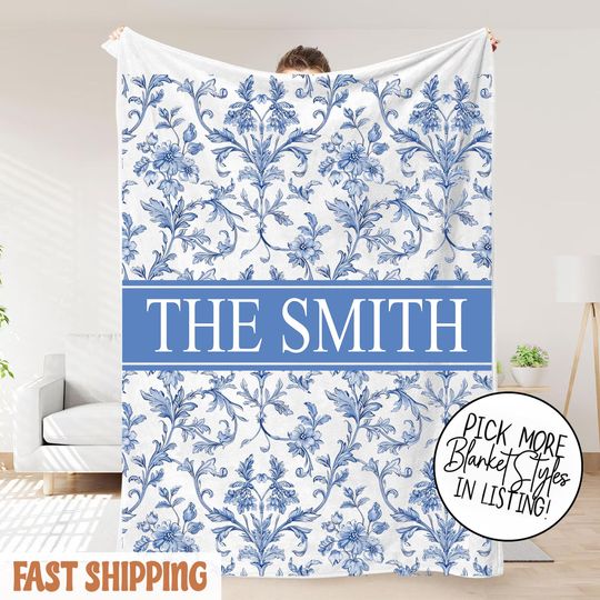 Personalized Toile Monogram Blanket, Baby Girl Custom Adult Blanket French Toile De Jouy Chinoiserie Name Blanket Blue Floral Gift