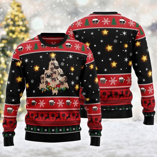 Pug Christmas Tree Ugly Christmas Sweater, Pug Christmas Sweatshirt, Cute Dog Xmas Holiday Party Shirt, Christmas Gift For Men Women Kid