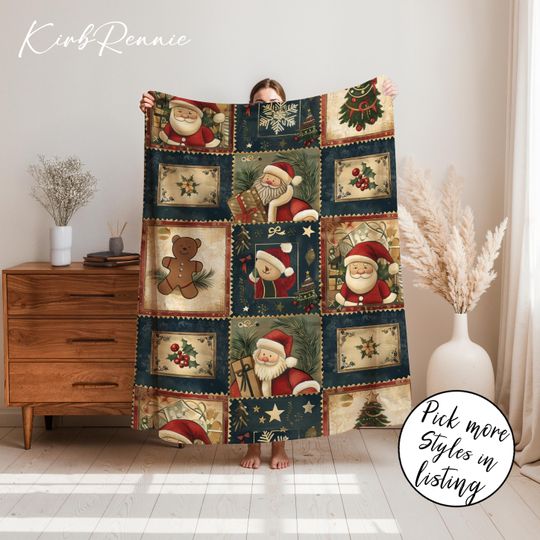 Vintage Christmas Sherpa Fleece Blanket with Santa Design