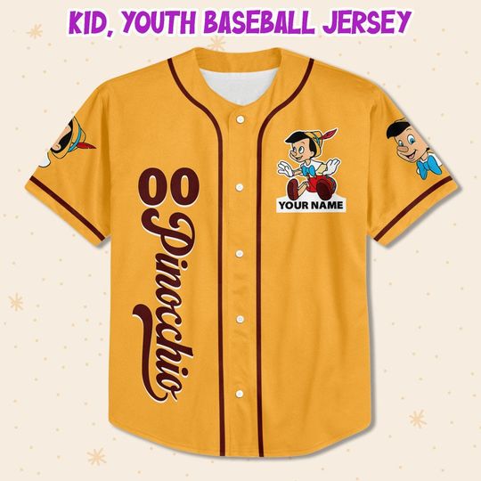Personalized Disney Pinocchio Yellow Baseball Jersey