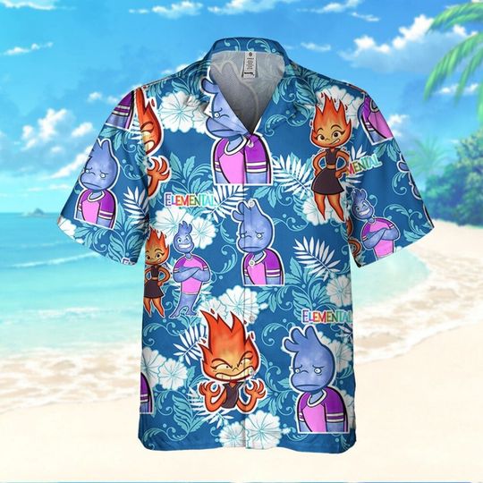 Disney Pixar Elemental Wade And Ember Emotion Blue, Disney Hawaiian Shirt