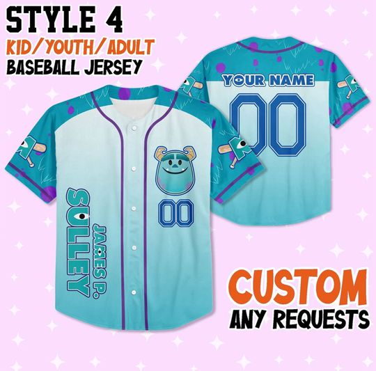 Custom Monster Inc Collections Baseball Jersey Team, Disney Jersey