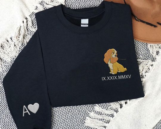 Custom Embroidered Lady and The Tramp Couple Matching Sweatshirt, Initial on Sleeve, Roman Numerals Anniversary, Disney Embroidery Sweater