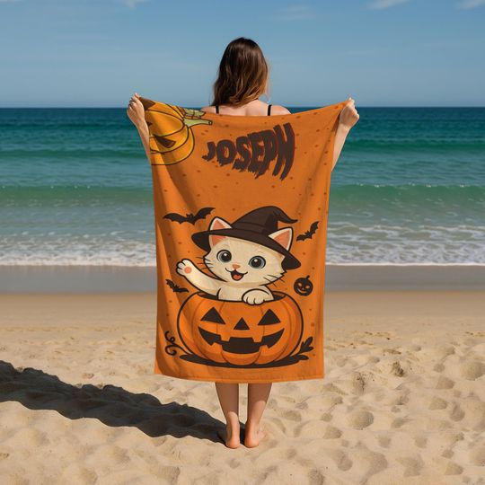 Halloween Personalized Pumpkin Beach Towel