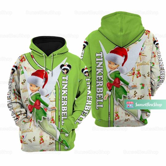 Christmas Tinkerbell Hoodie, Tinkerbell Hoodie, Tinkerbell 3D Hoodie, Disney Princess Hoodie