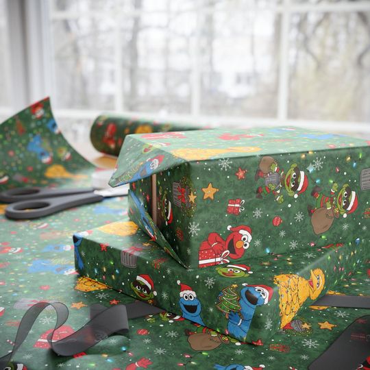 Sesame Street Characters Christmas Wrapping Paper | Holiday Pattern Roll