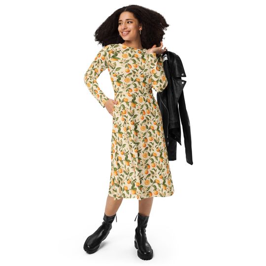 Orange Blossoms Long Sleeve Midi Dress for Women