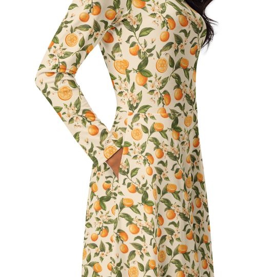 Orange Blossoms Long Sleeve Midi Dress for Women