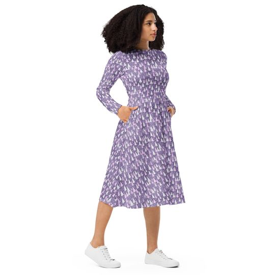 Lavender Christmas Long Sleeve Midi Dress, Modest Women's Winter Dress