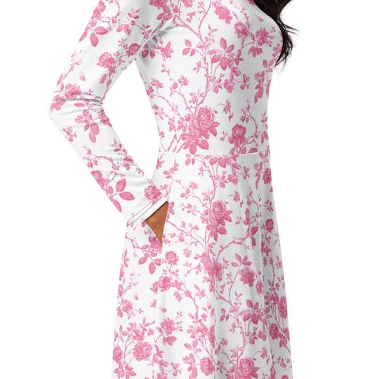 Pink Floral Long-Sleeved Midi Dress for Women