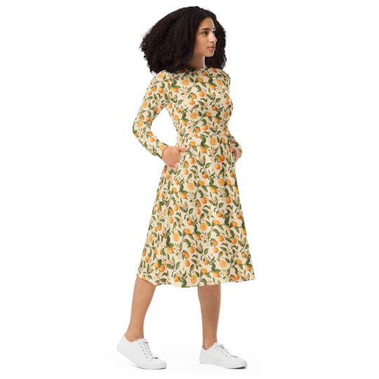Orange Blossoms Long Sleeve Midi Dress for Women