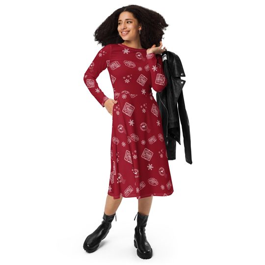 Red North Pole Express Long Sleeve Midi Dress for Women