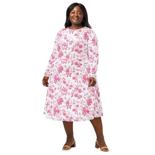 Pink Floral Long-Sleeved Midi Dress for Women