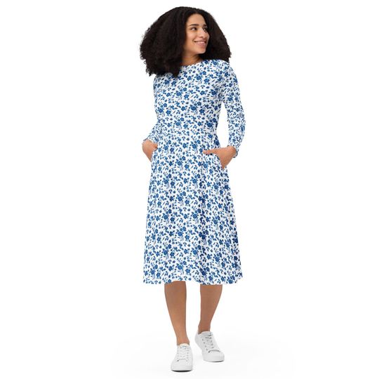 Blue Floral Long Sleeve Midi Dress for Women