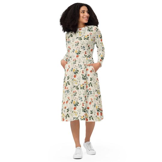 Wildflowers Long Sleeve Midi Dress, Floral Print, Spring Easter Dress