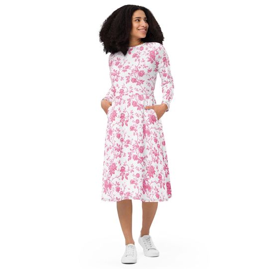 Pink Floral Long-Sleeved Midi Dress for Women