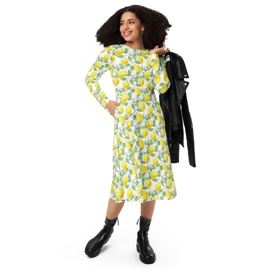 Lemon Print Long Sleeve Midi Dress, Floral & Fruit Pattern
