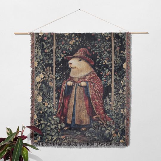 Wizard Capybara Woven Blanket, Capybara Lover Medieval Woven Throw, Magical Fantasy Home Decor Tapestry