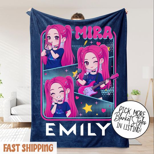Personalized Mira Huntrix Girls Christmas Blanket  K-Pop Fantasy Xmas Cozy Throw