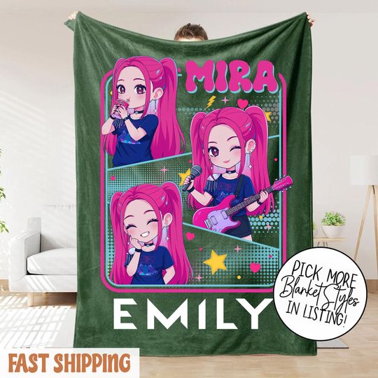 Personalized Mira Huntrix Girls Christmas Blanket  K-Pop Fantasy Xmas Cozy Throw