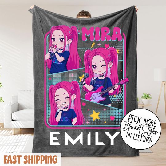 Personalized Mira Huntrix Girls Christmas Blanket  K-Pop Fantasy Xmas Cozy Throw