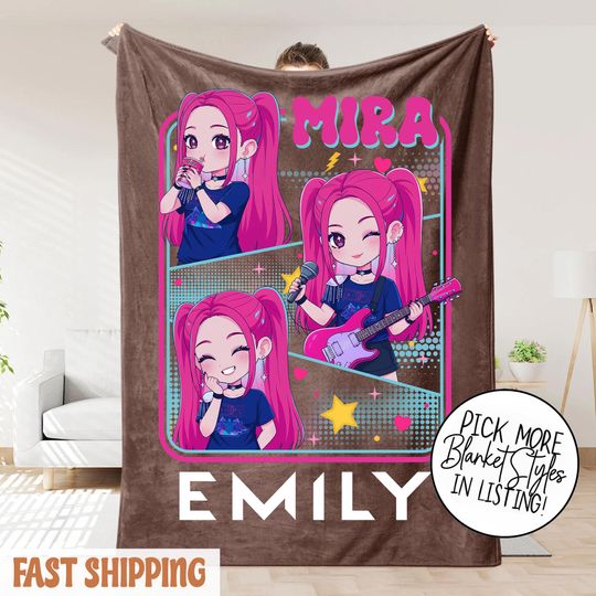 Personalized Mira Huntrix Girls Christmas Blanket  K-Pop Fantasy Xmas Cozy Throw