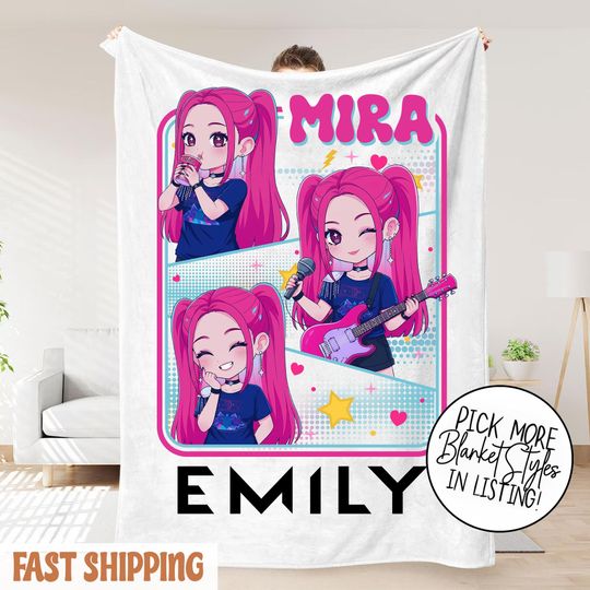 Personalized Mira Huntrix Girls Christmas Blanket  K-Pop Fantasy Xmas Cozy Throw