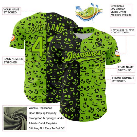 Personalized Halloween Horror Baseball Jersey, Custom Neon Green Black 3D Pattern Rave Pumpkin Design