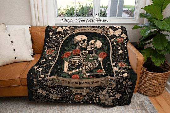 Dark Romantic Skeleton Blanket, Personalized Halloween Wedding Tapestry, His & Hers Anniversary Gift